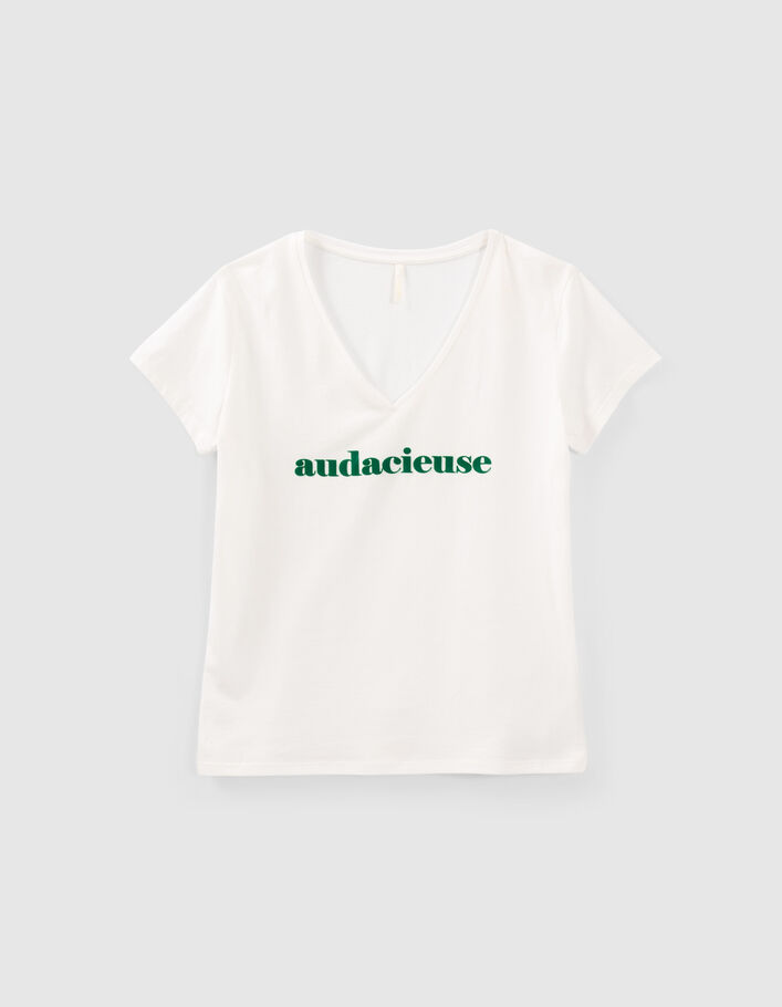I.Code white V-neck T-shirt with green slogan - I.CODE