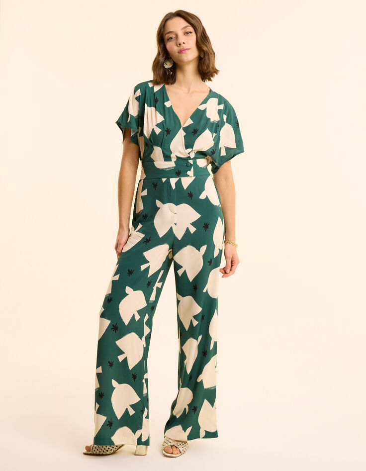 Combinaison-pantalon verte imprimé maxi oiseaux I.Code-4