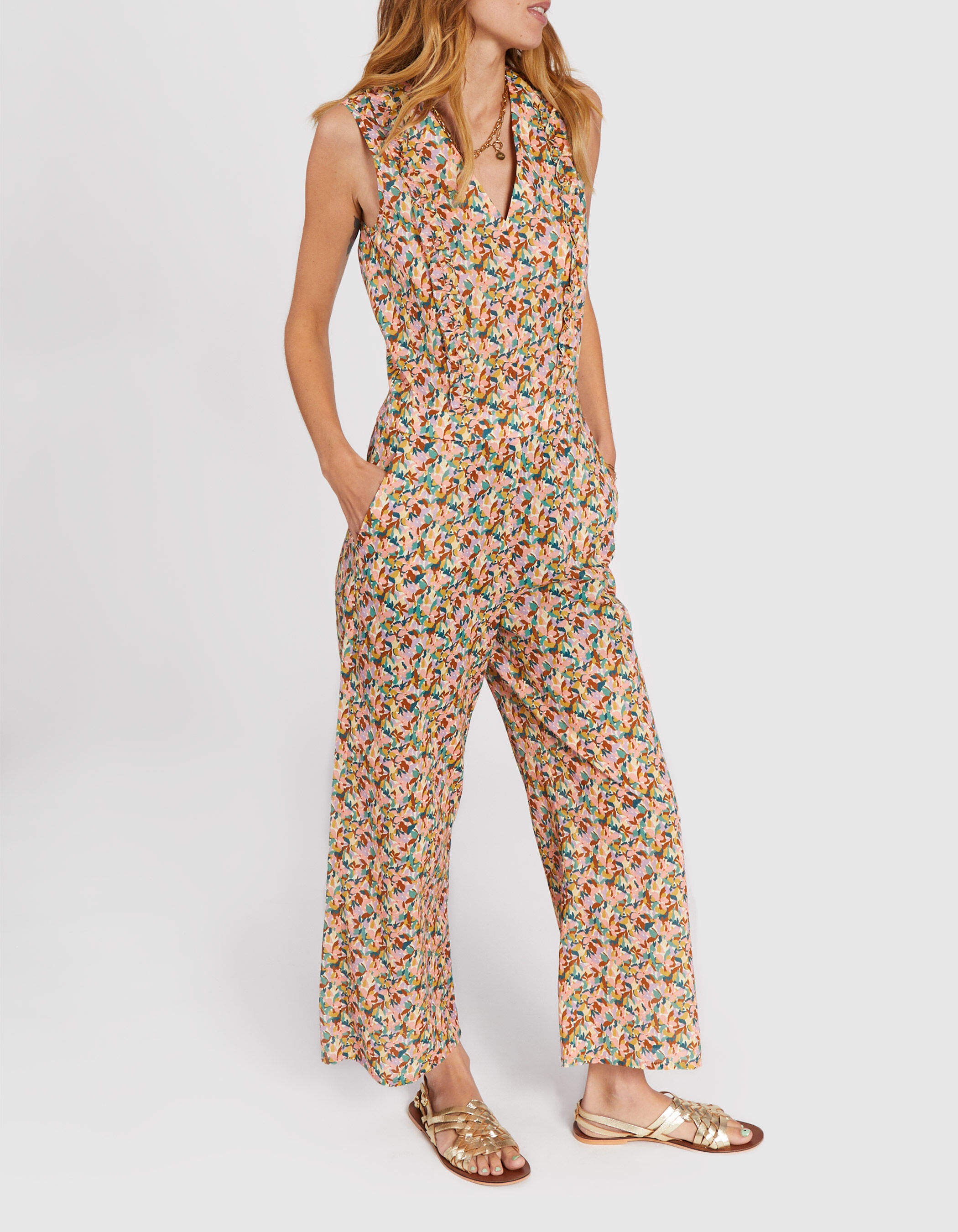 I.Code salmon pink flower print jumpsuit