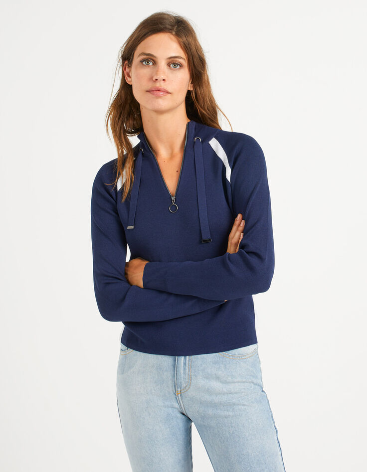 Pull navy bleu tricot à bandes lurex I.Code-2 Pull navy bleu tricot à bandes lurex I.Code-2