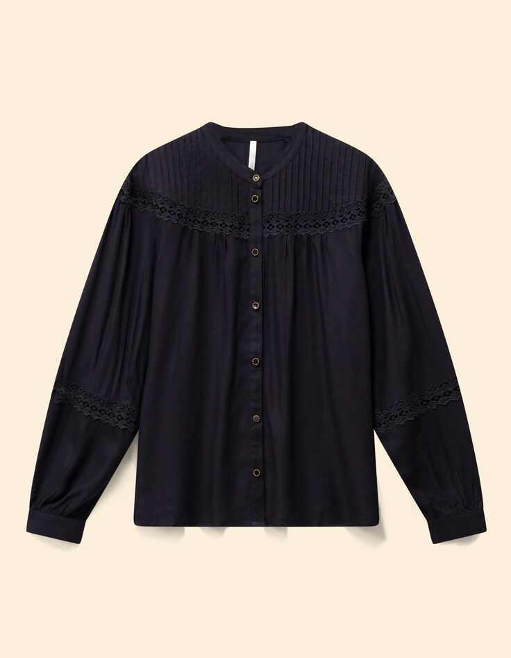 I.Code black blouse with stitched pleats and lace bands-7