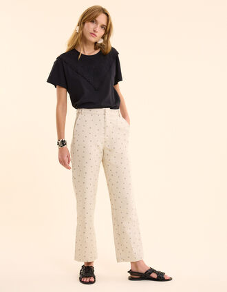 I.Code ecru micro-flower print suit trousers