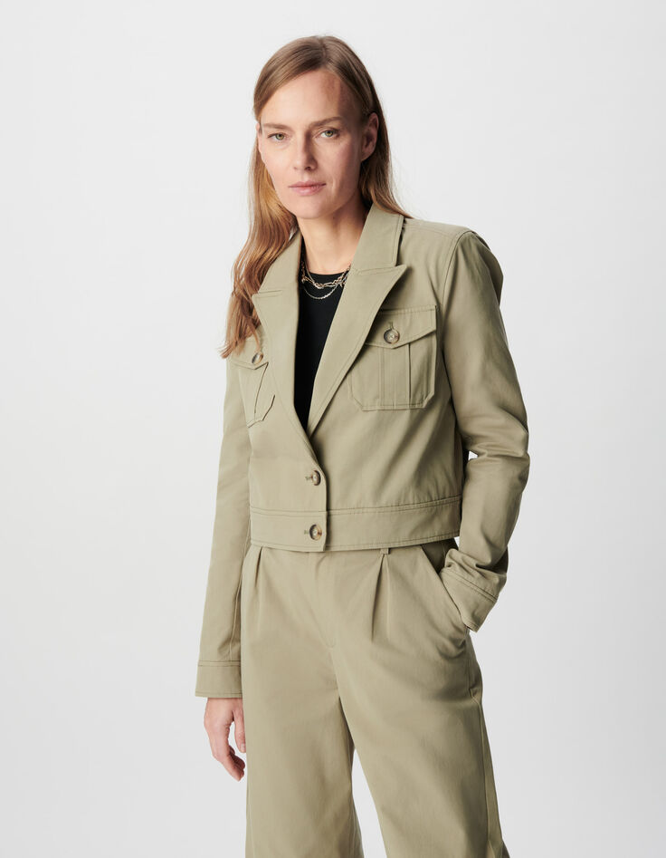 Kurze gr&uuml;ne Jacke f&uuml;r Damen mit abnehmbarer Kapuze aus wei&szlig;em Satin-5
