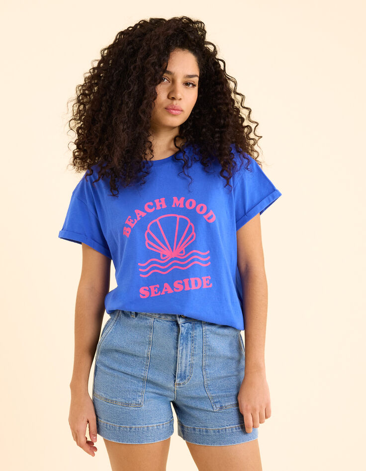 T-shirt bleu message visuel coquillage I.Code-3