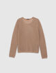 Sesamfarbener Damen-Strickpullover mit Lochmuster-5