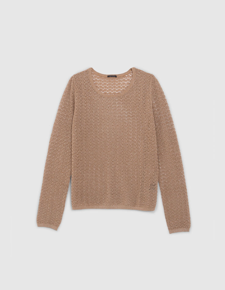 Sesamfarbener Damen-Strickpullover mit Lochmuster-5