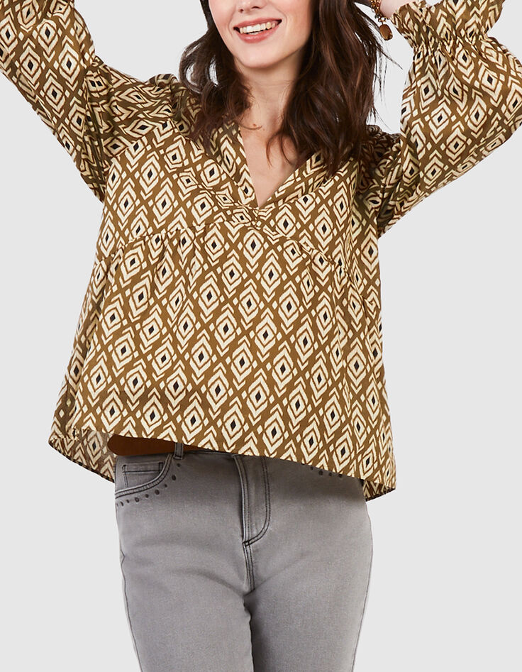 I.Code camel ethnic Boho print blouse-2