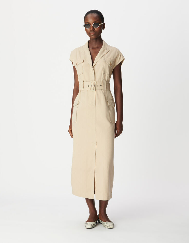 Women's long beige sleeveless safari dress-2