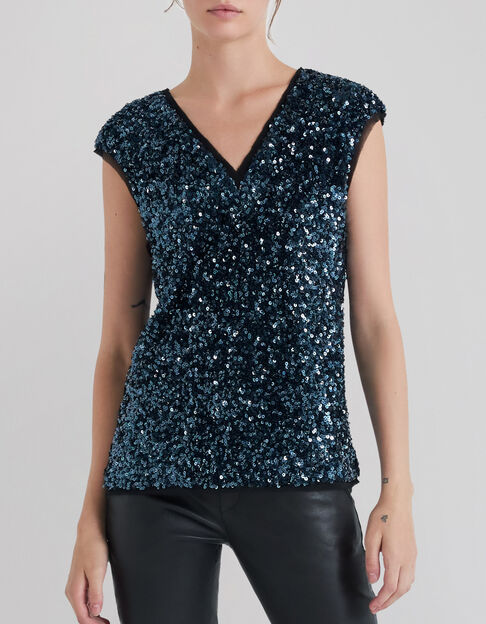 Blaues Damen-Top mit Pailletten wendbar - IKKS