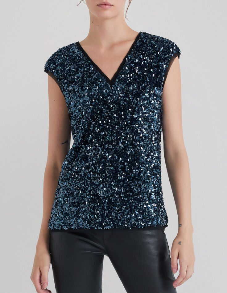 Blaues Damen-Top mit Pailletten wendbar-1