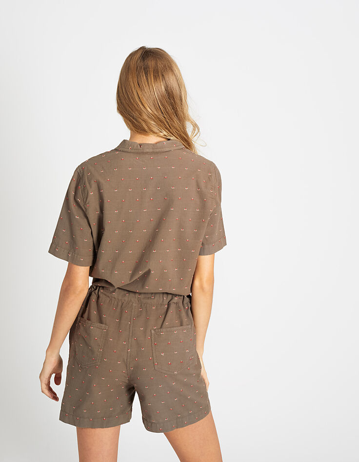 I.Code khaki floral embroidered short jumpsuit-4 I.Code khaki floral embroidered short jumpsuit-4