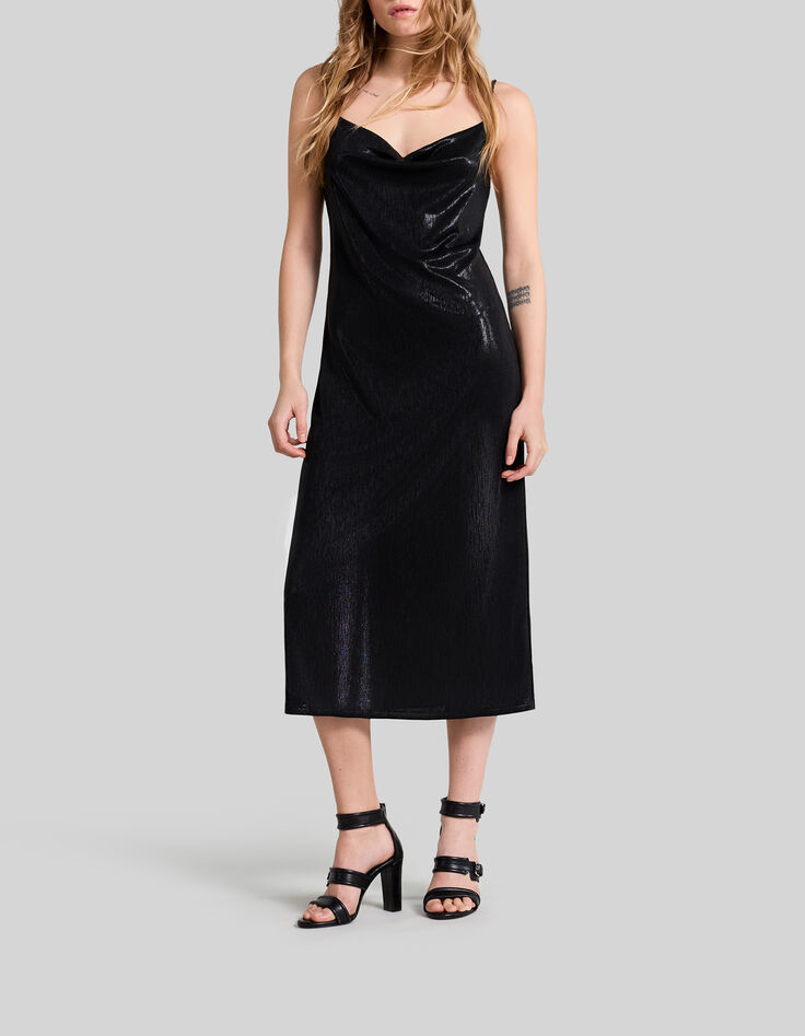 Schwarzes Midi-Damenkleid mit schmalen Tr&auml;gern-1
