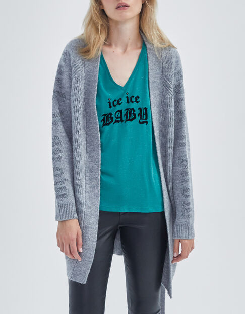 Graue Damenstrickjacke mit G&uuml;rtel und Schriftzug - IKKS