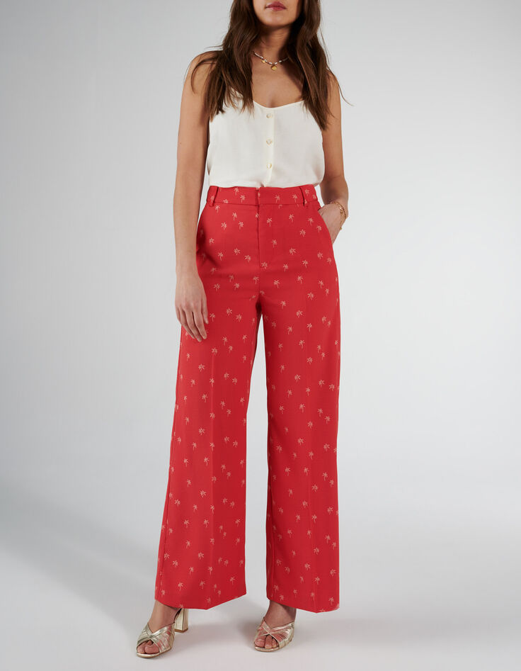 I.Code pink tea rose wide-leg trousers with palm trees-2