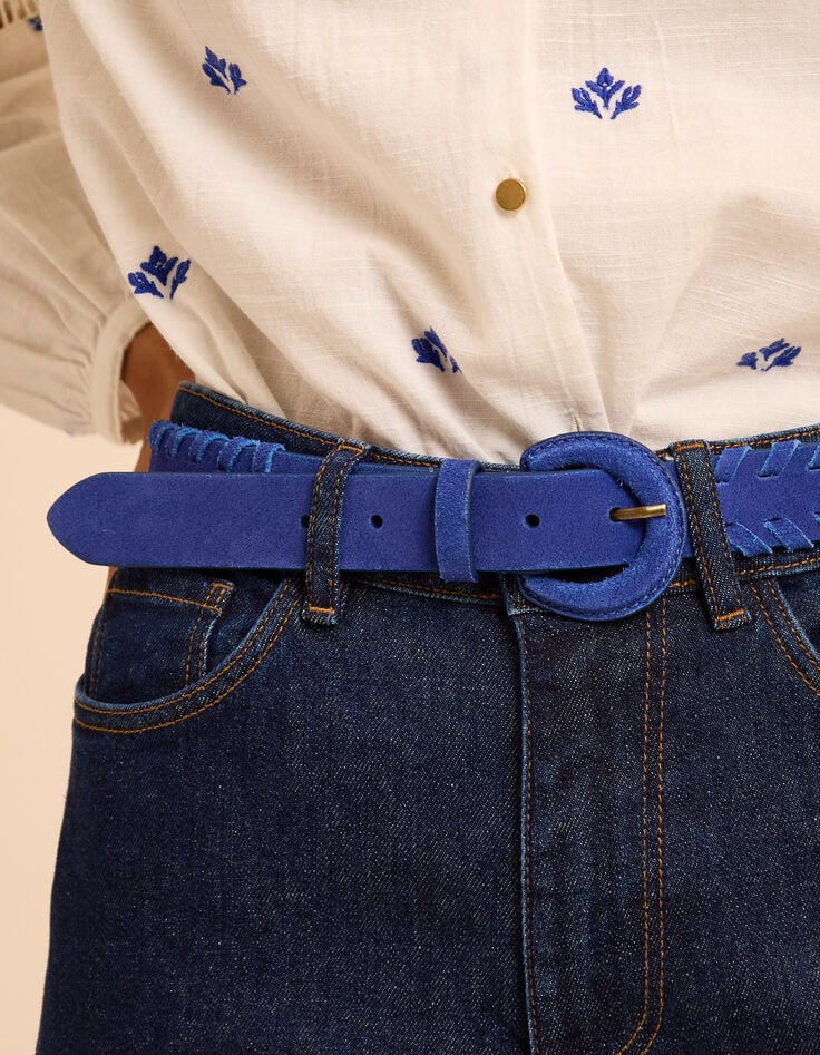 Cinturón de piel de terciopelo azul con bordes trenzados I.Code-2 Cinturón de piel de terciopelo azul con bordes trenzados I.Code-2