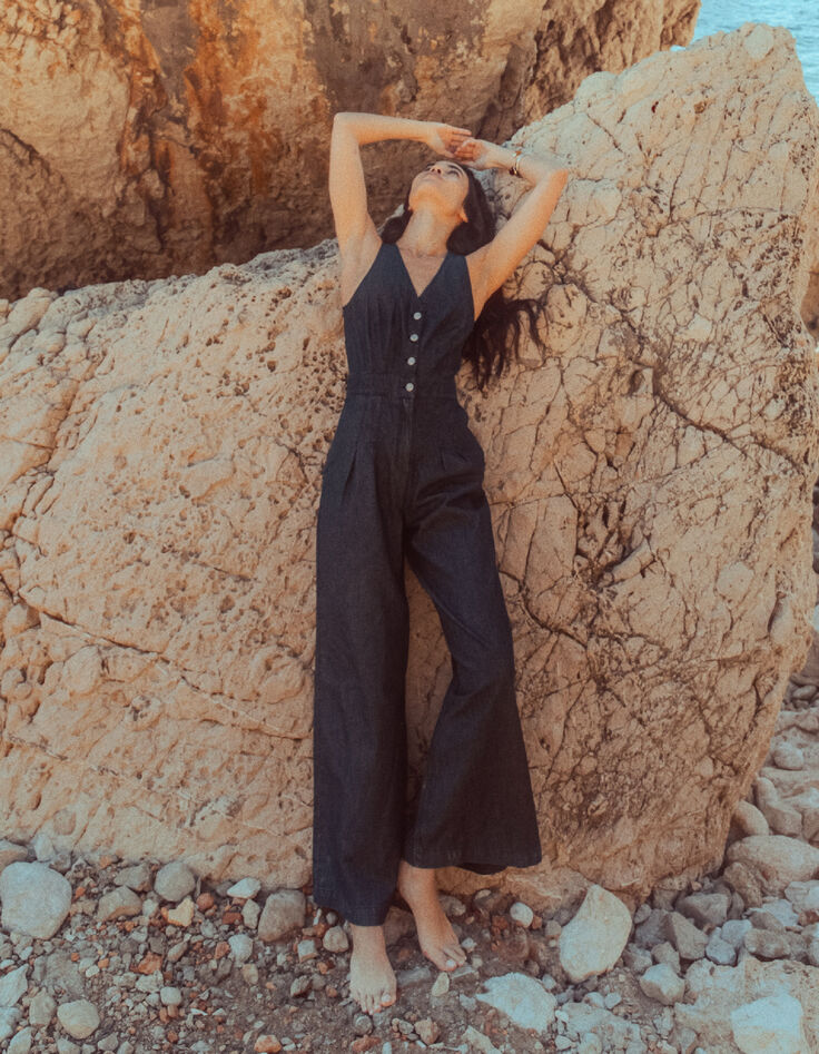 Mujer mono ancho de denim crudo sin mangas-2
