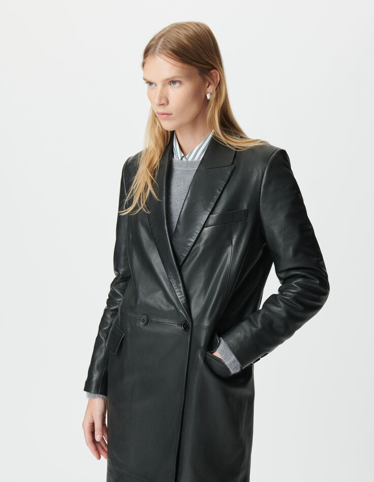Schwarzer, langer Oversize-Damenledermantel-4