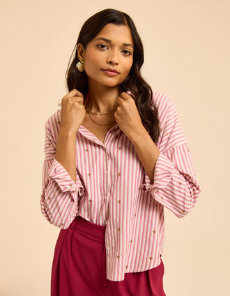 Chemise rose motif rayures et broderies Alexandra I.Code