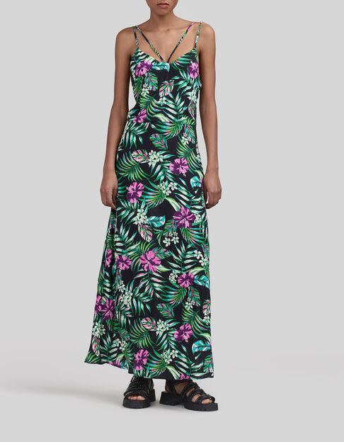 Langes, schwarzes Damenkleid mit tropischem Print - IKKS