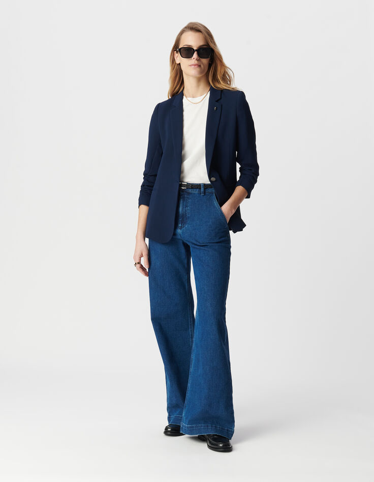 Damen 3/4 R&uuml;schen&auml;rmel navy Anzugjacke-4