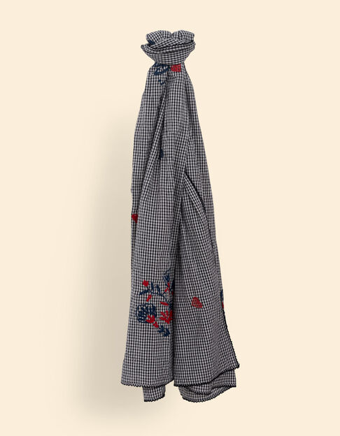 Ecru scarf with gingham pattern and color embroidery I.Code