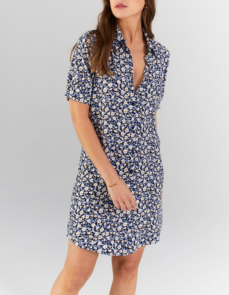 Robe chemise cobalt imprimé mini fleurs I.Code -3