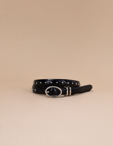 Fijne zwarte riem leer met croco-effect en studs I.Code