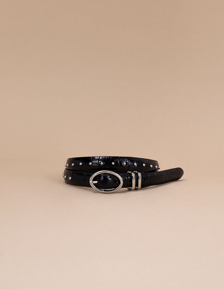 Fijne zwarte riem leer met croco-effect en studs I.Code-1