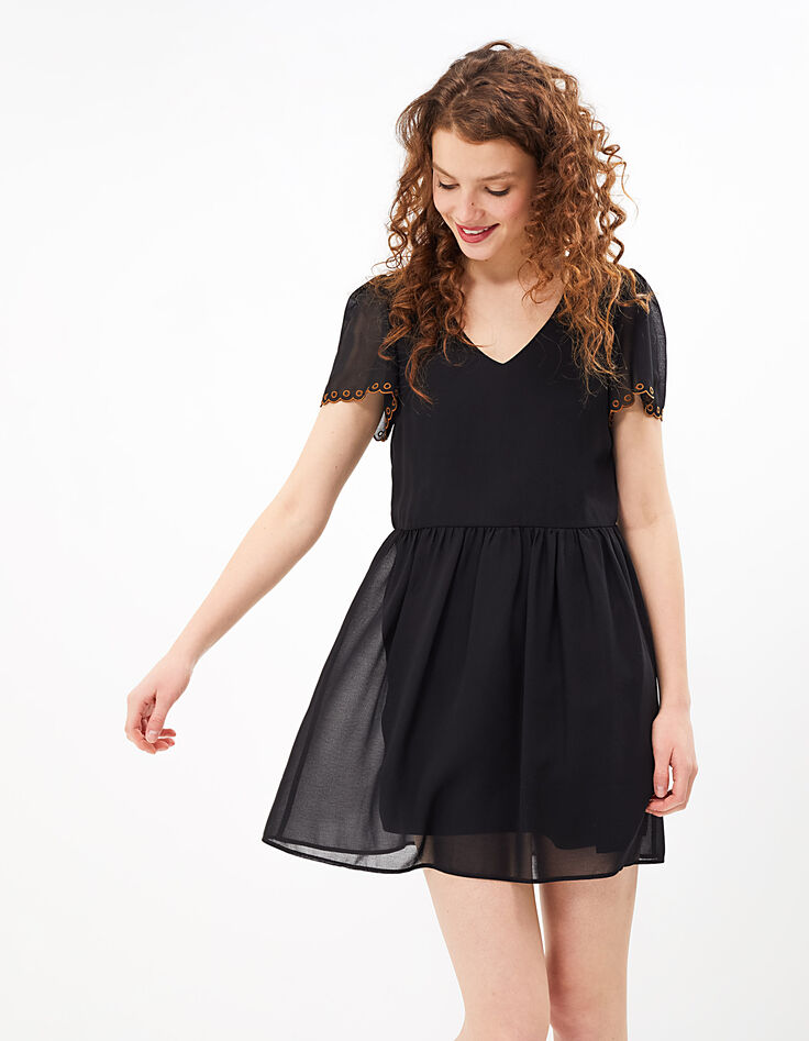 Robe noire à manches courtes brodées I.Code-1