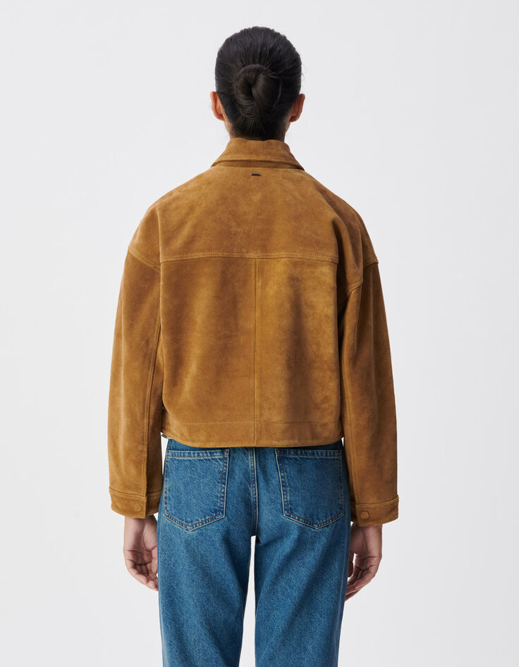 Veste courte oversize camel cuir velours Femme-3