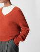 Oranger V-Ausschnitt Pullover Damen Alpaka-Mix-1