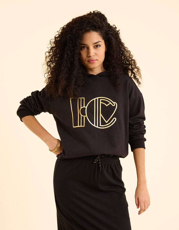 Sweat noir à capuche monogramme doré I.Code-1
