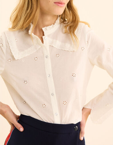 Ecru Bluse englische Stickerei gen&auml;hter Kragen I.Code