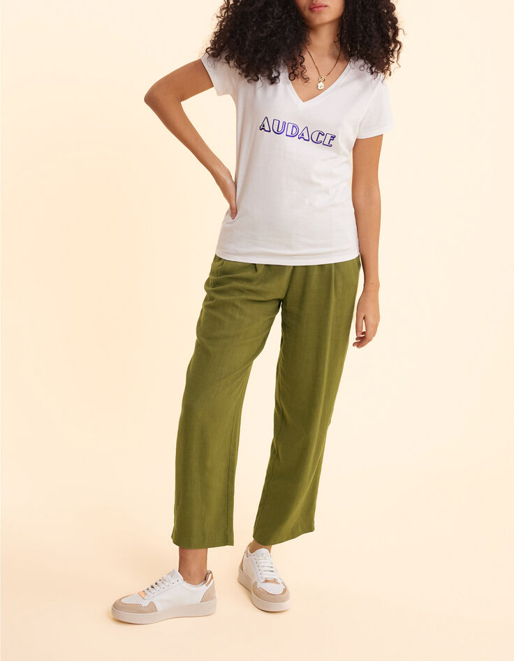 T-shirt col V blanc message bleu m&eacute;tallis&eacute; I.Code-4