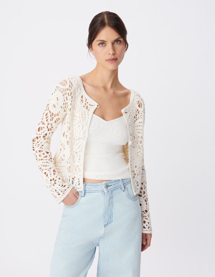 Ecru Damen STRICKJACKE mit durchbrochener H&auml;kelarbeit-2