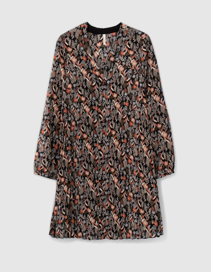 Robe noire plissée à imprimé végétal I.Code-6