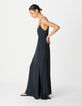 Marineblaues langes Kleid f&uuml;r Damen mit d&uuml;nnen Riemen und Knopfleiste-5