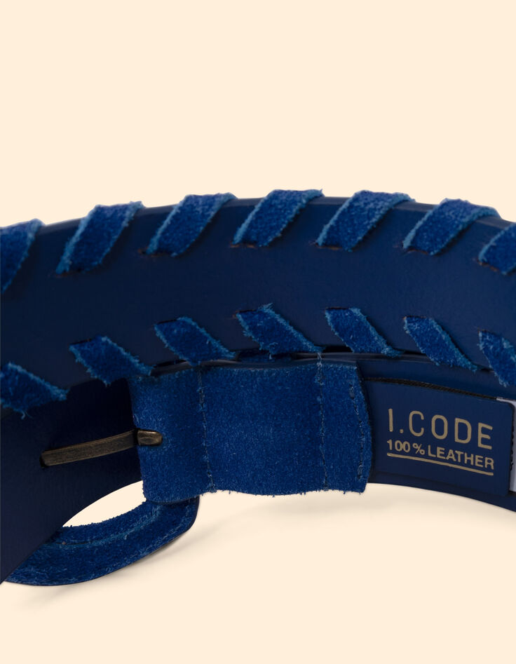 Cinturón de piel de terciopelo azul con bordes trenzados I.Code-4