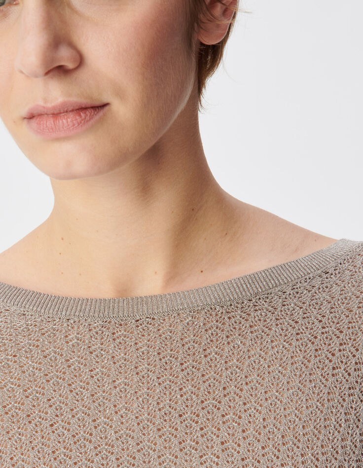 Schicker beigefarbener durchbrochener Pullover mit Paillettenbesatz f&uuml;r Damen-5