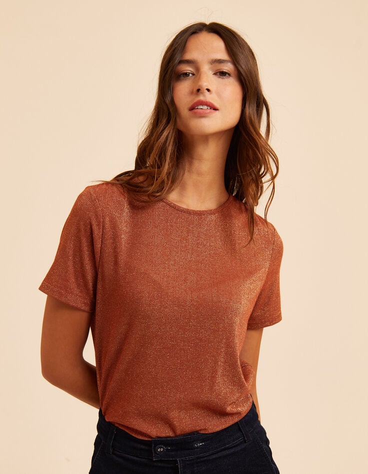 I.Code brown T-shirt with gold lurex stripes-3