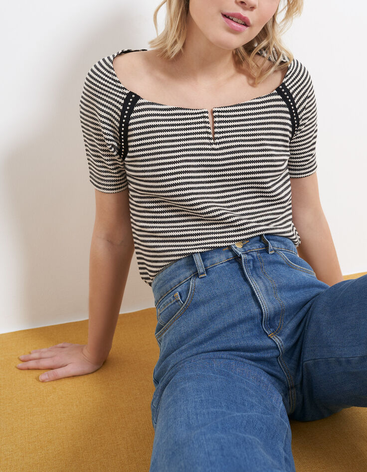Tee-shirt noir et beige en maille rayée I.Code-1