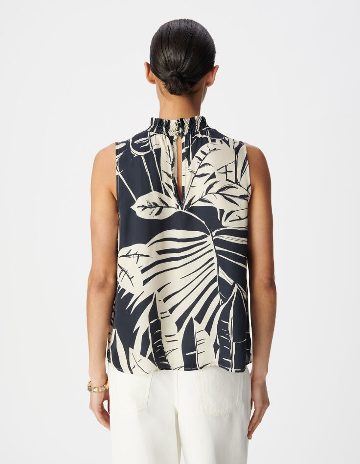 &Auml;rmelloses Satin-Top navy mit Blattprint f&uuml;r Damen-3