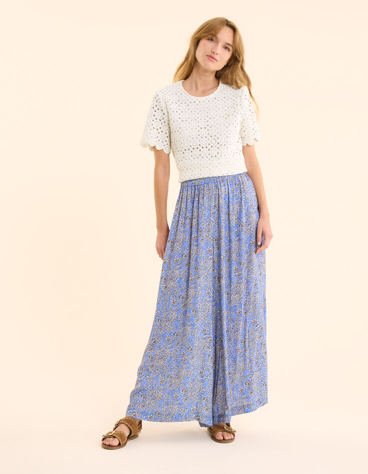 Pantalon large bleu imprimé cachemire floral I.Code-1