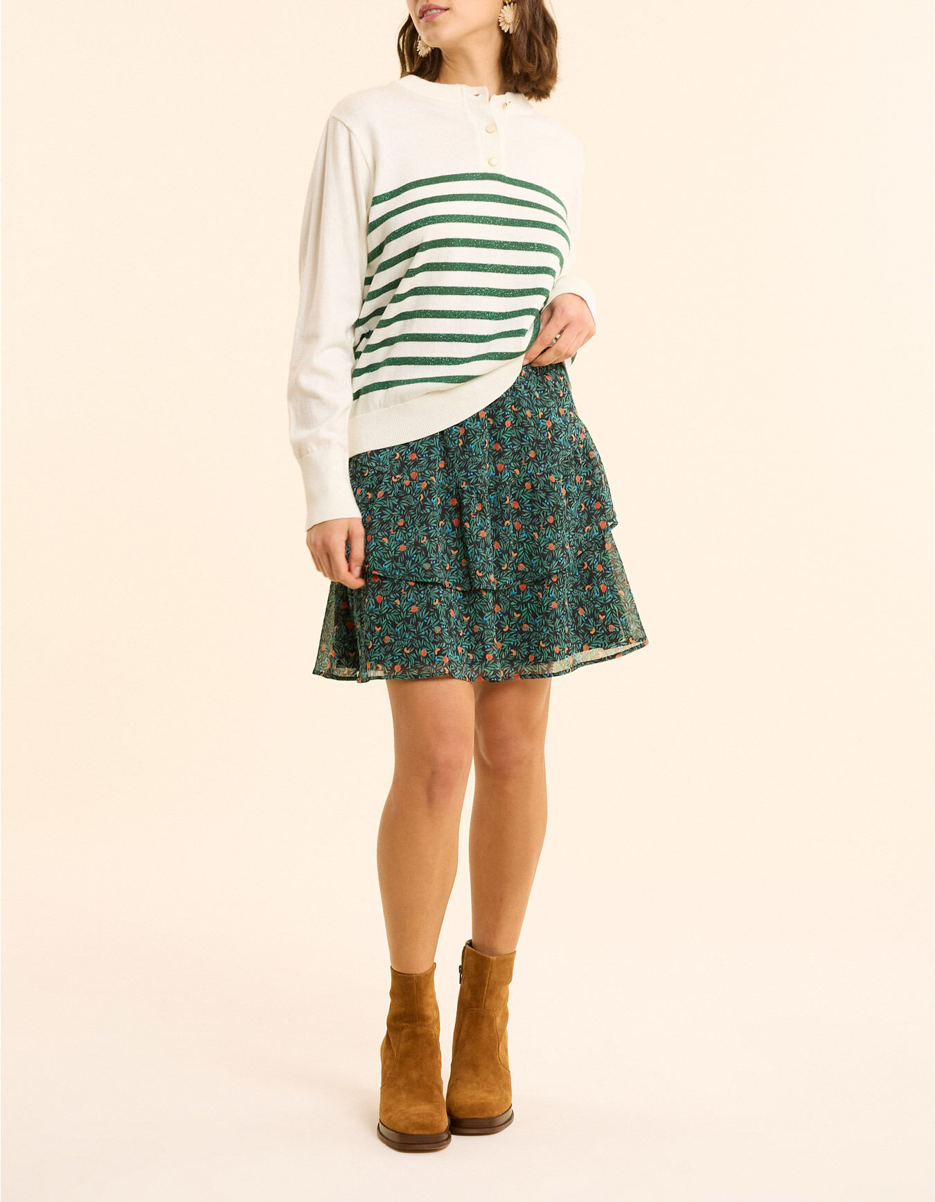 I.Code white knit sweater with green lurex stripes