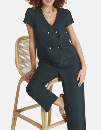 I.Code imperial green linen buttoned wrap top