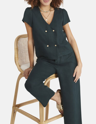Linnen top imperial green gekruiste knoopsluiting I.Code