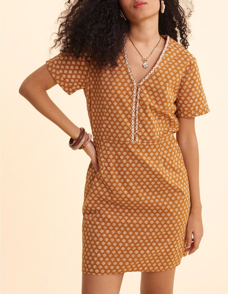 Robe camel imprim&eacute; floral c&oelig;ur I.Code-1