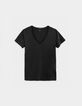 Schwarzes V-Ausschnitt T-Shirt Damen mit Fischgr&auml;ten-Stickerei-5