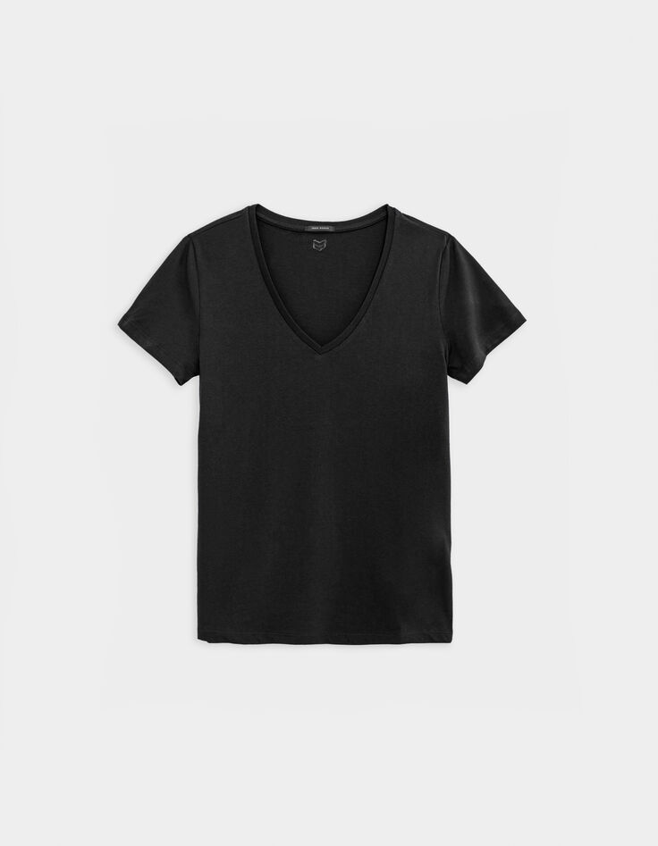 Schwarzes V-Ausschnitt T-Shirt Damen mit Fischgr&auml;ten-Stickerei-5