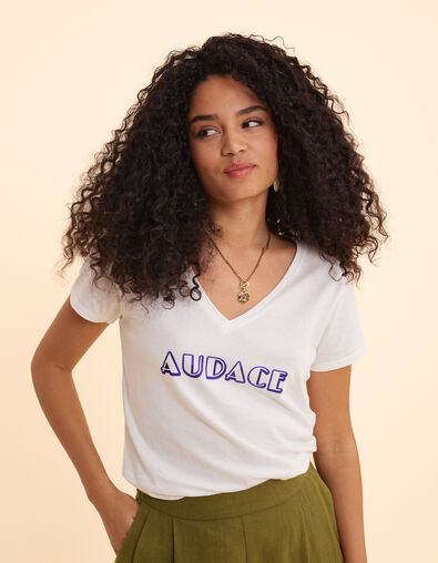 I.Code white V-neck T-shirt with metallic blue slogan